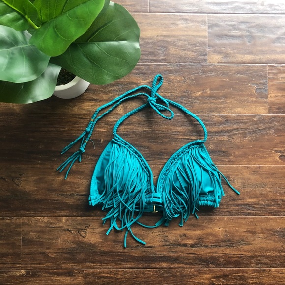 Teal Fringe Bikini Top - Picture 1 of 7